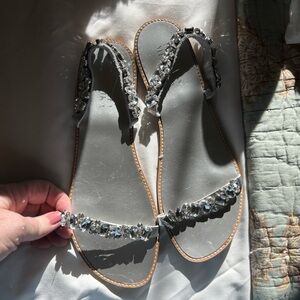 Badgley Mischka Silver Crystal Strap Flat Sandals